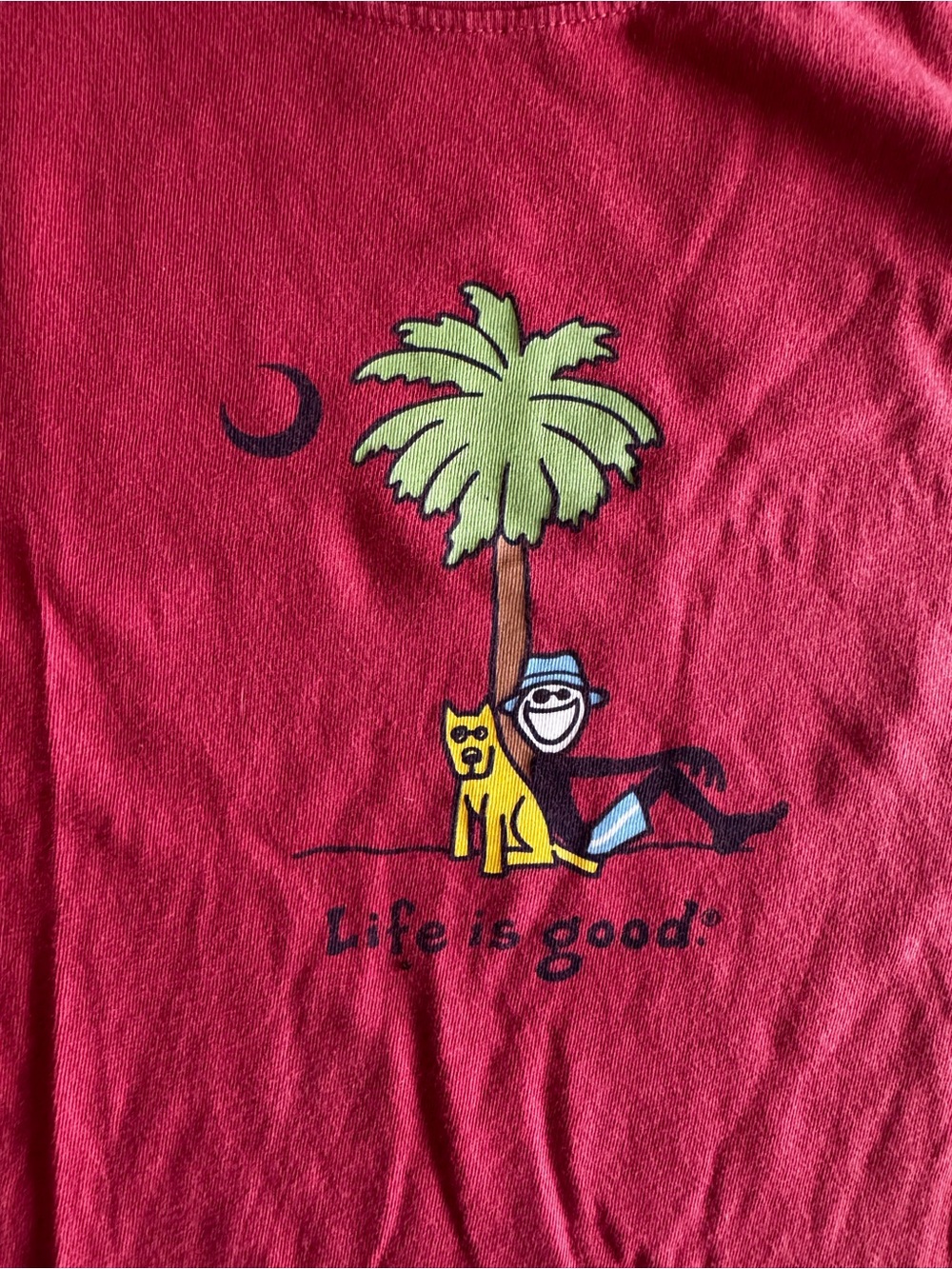Life Is Good Cherry Red Short Sleeve Tee with Palm Tree, Smiley & Dog Graphic